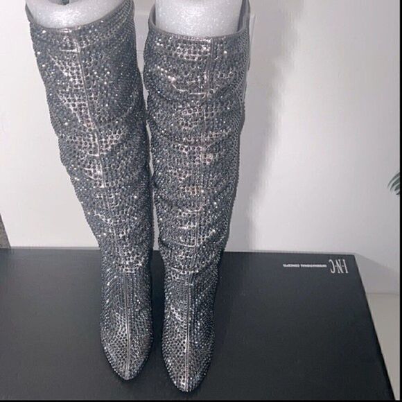 - NEW I.N.C Gerii grey Metallic Slouch Studded Boots Women shoes Pewter |5… - Picture 6 of 9